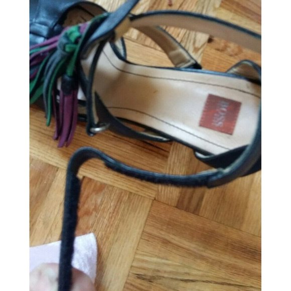 Hugo Boss strappy leather black w/ fringe leather high heels sandals shoes 38 8 - Picture 10 of 13